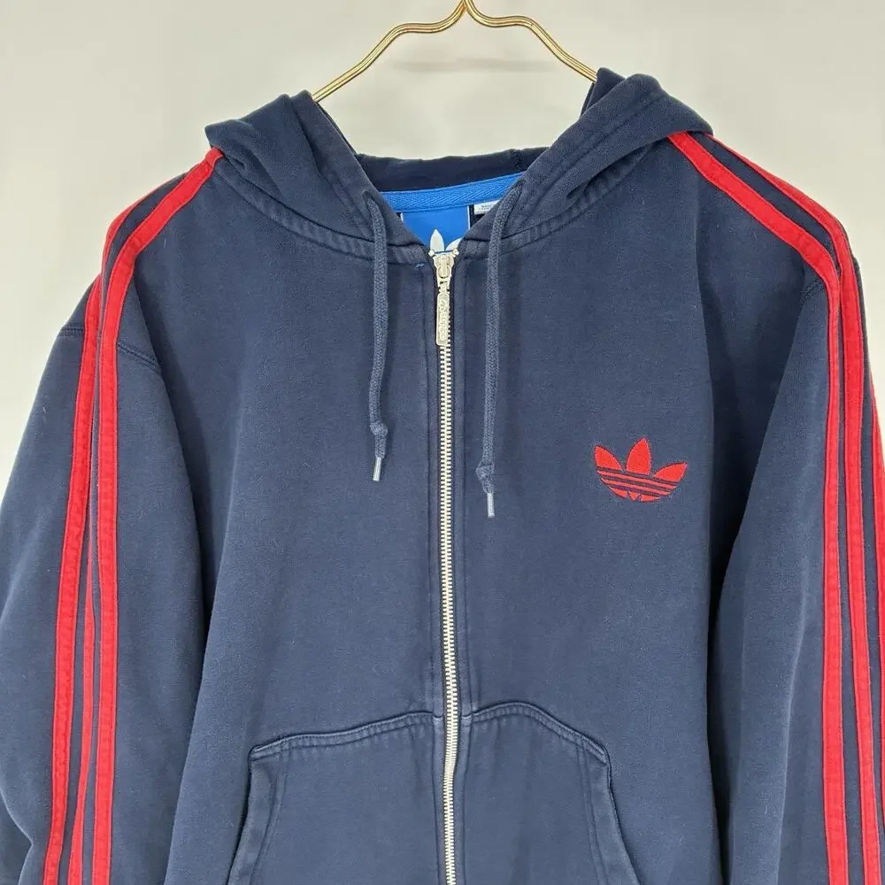 Adidas Originals Trefoil Full Zip Hoodie Navy Red 3 Stripe Men's Large VTG